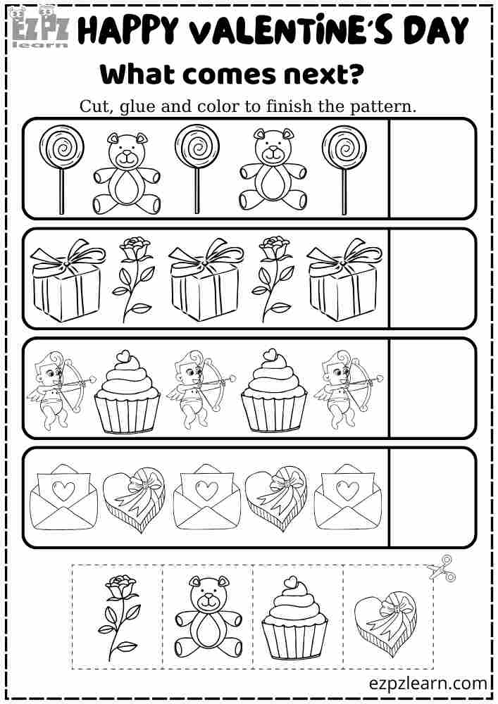 What Comes Next Number 4 Valentines Day Activity for Kindergarten Classroom Students Download Free PDF